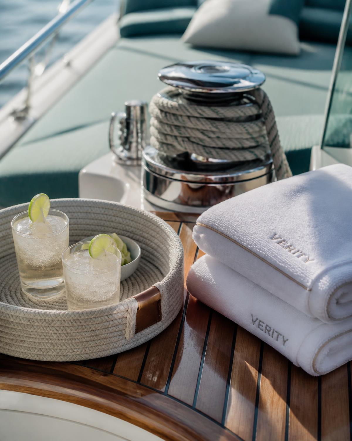Chilled drinks and folded towels on the polished teak deck of a yacht